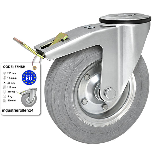 Metall-Gummiräder mit Befestigungsstift mit Zentralbohrung und Bremse Ø200 mm Code: 67NSH