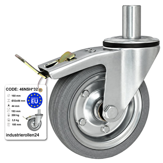 Metall-Gummiräder mit Befestigungsstift und Bremse Lenkrollen  Ø160 mm Code: 46NSH*32
