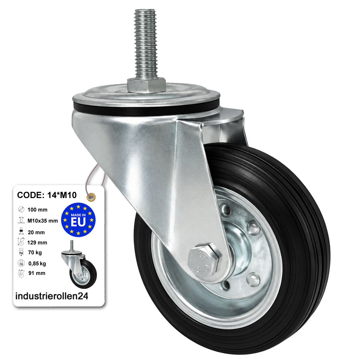 Metall-Gummiräder mit Befestigungsstift Lenkrollen Lenkrollen Ø100 mm Code: 14*M10