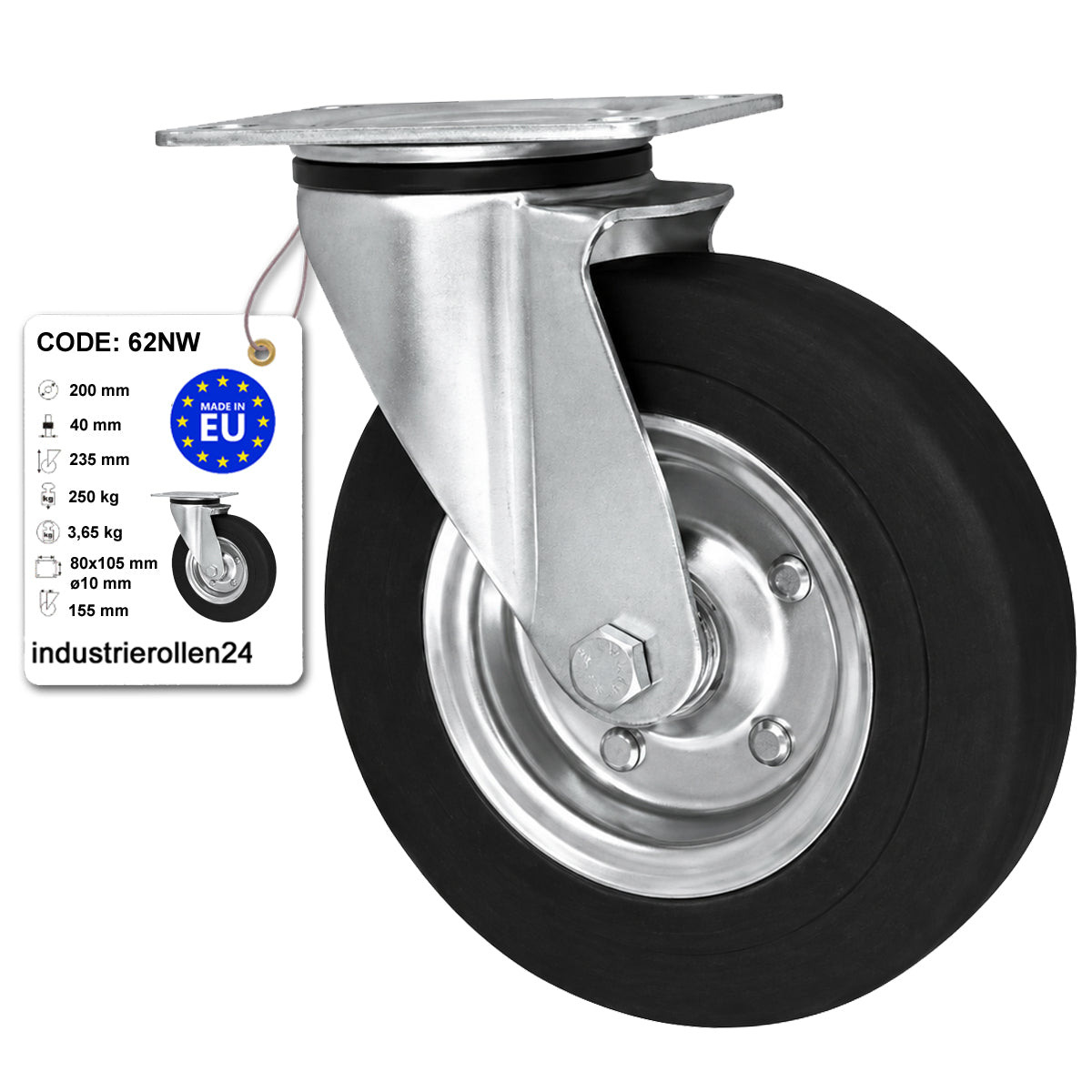 Metall-Gummiräder mit Befestigungsplatte Lenkrolle Ø200 mm mit Platte Code: 62NW