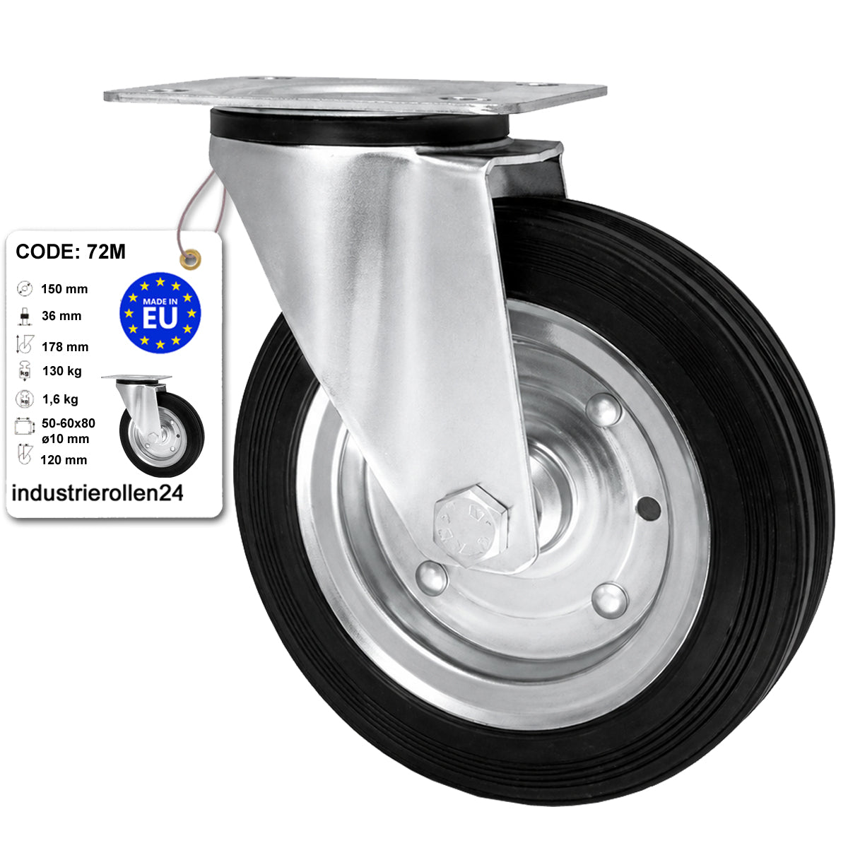 Metall-Gummiräder mit Befestigungsplatte Lenkrolle Ø150 mm mit Platte Code: 72M