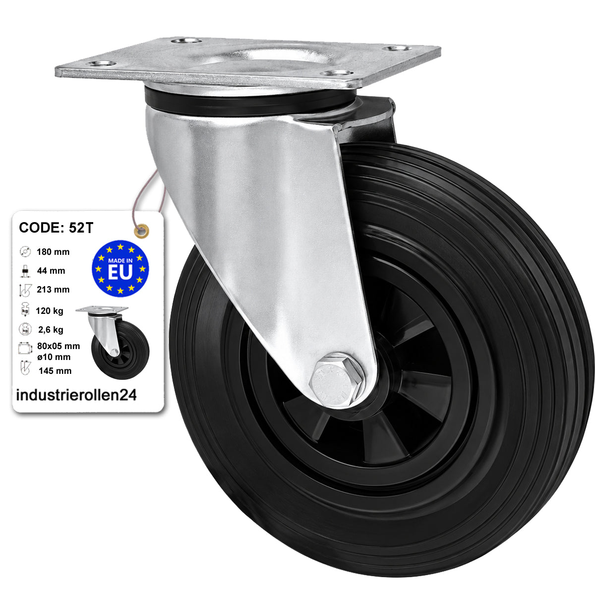 Kunststoff-Gummirrad mit Anschraubplatte Lenkrolle Ø180 mm mit Platte Code: 52T