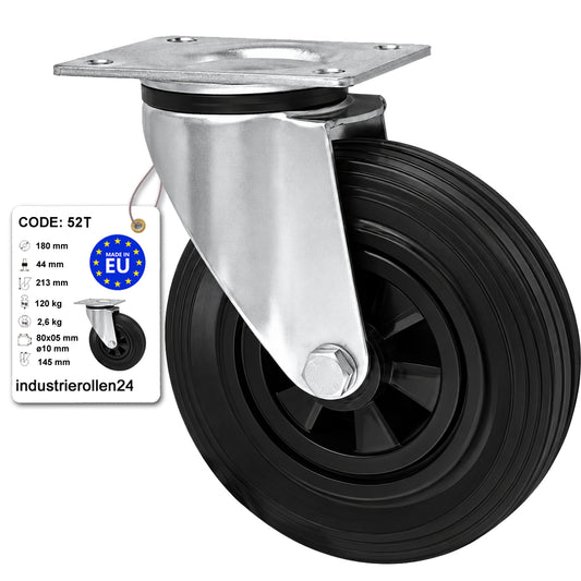 Kunststoff-Gummirrad mit Anschraubplatte Lenkrolle Ø180 mm mit Platte Code: 52T