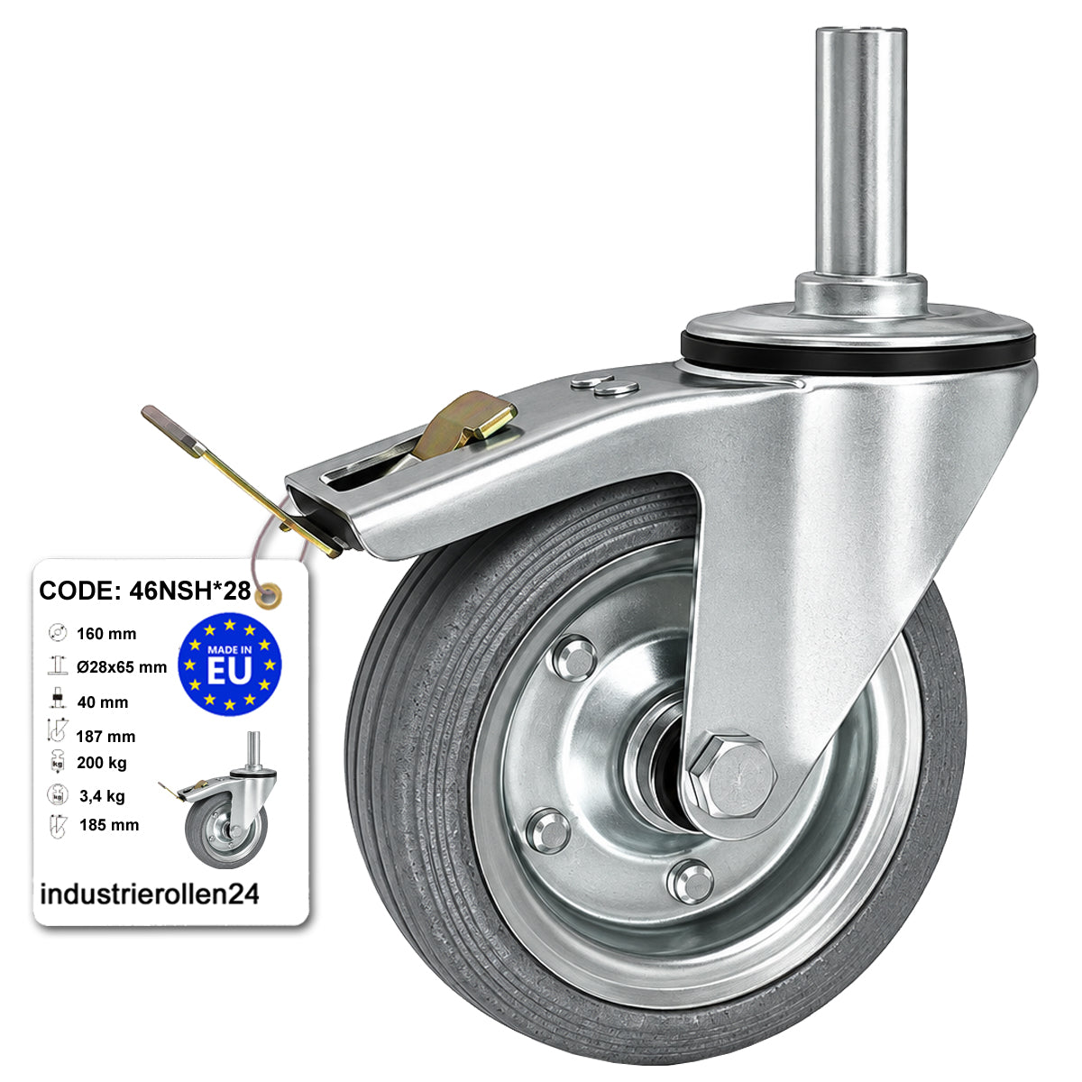 Metall-Gummiräder mit Befestigungsstift und Bremse Lenkrollen  Ø160 mm Code: 46NSH*28