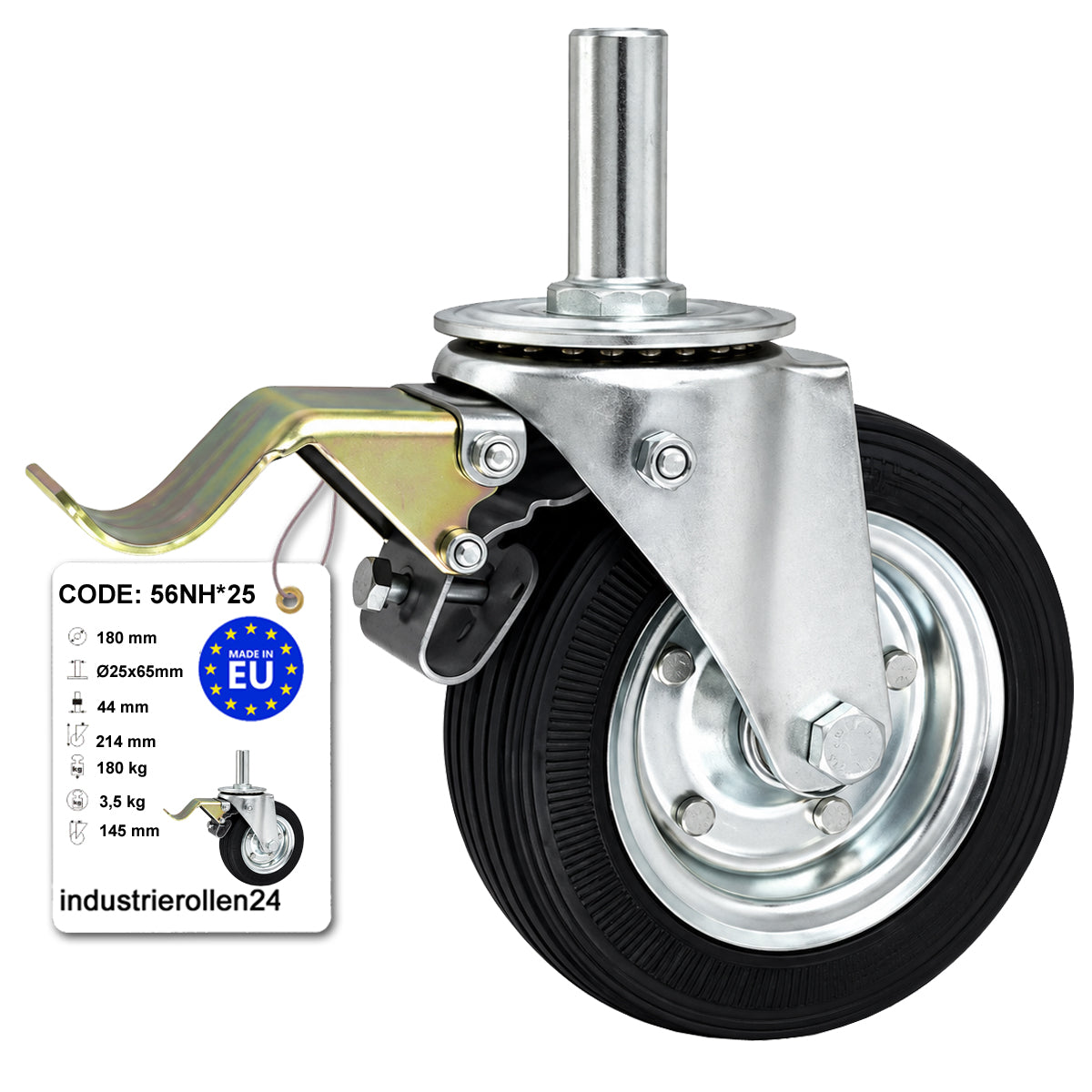 Metall-Gummiräder mit Befestigungsstift und Bremse Lenkrollen  Ø180 mm Code: 56NH*25