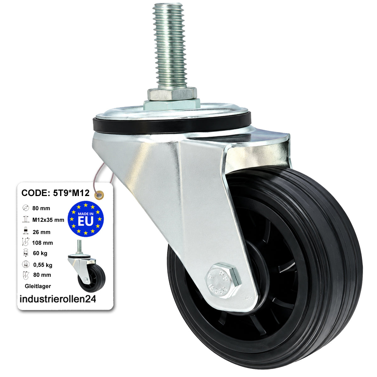 Kunststoff-Gummiräder mit Befestigungsstift Lenkrollen Ø80 mm Code: 5T9*M12