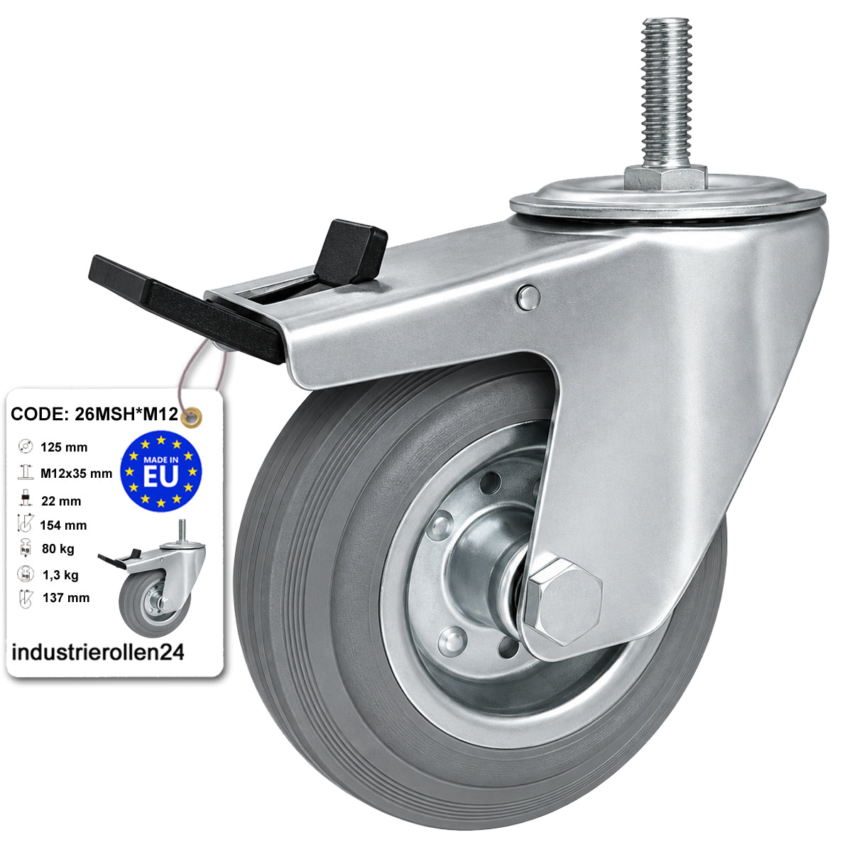 Metall-Gummiräder mit Befestigungsstift und Bremse Lenkrollen  Ø125 mm Code: 26MSH*M12