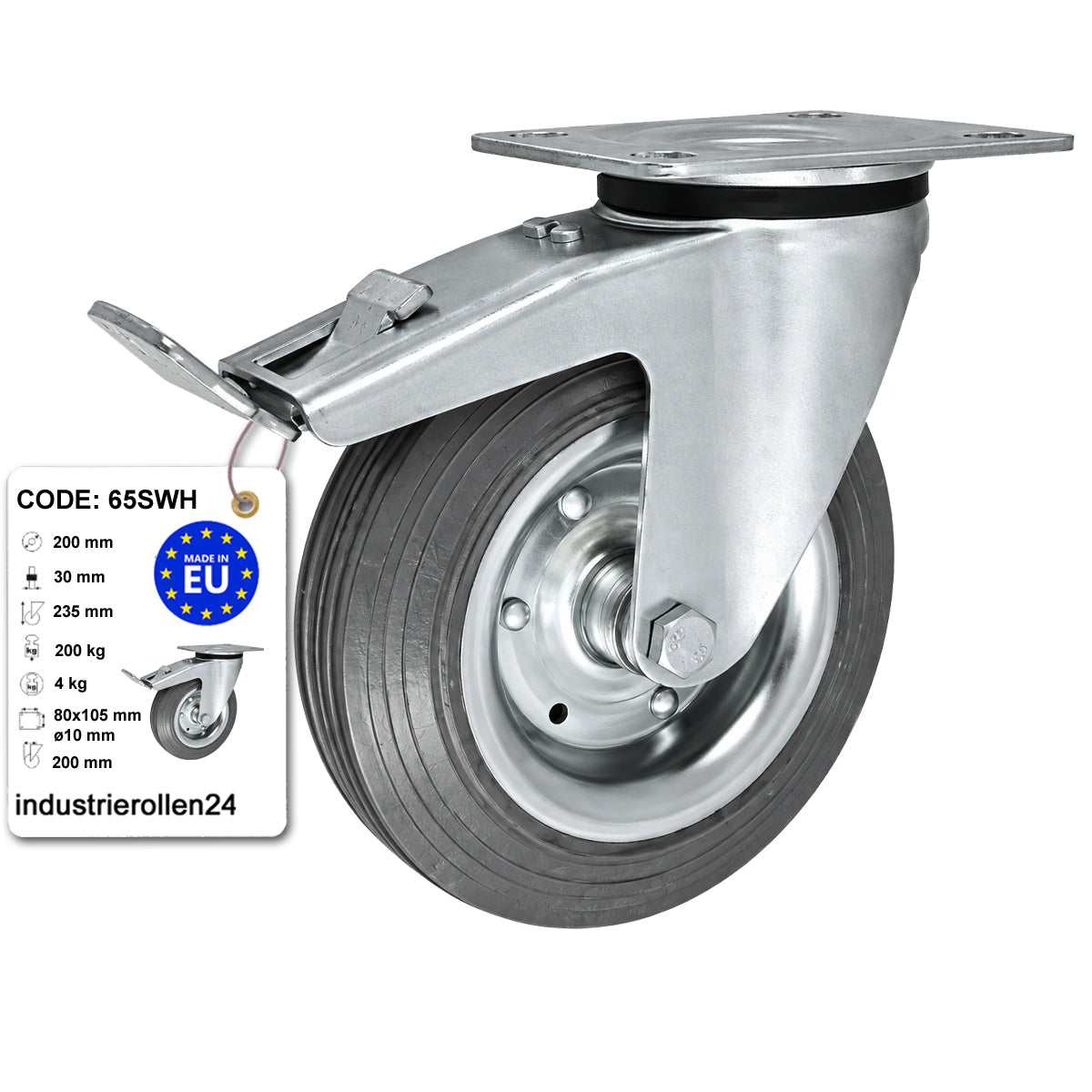 Metall-Gummiräder mit Befestigungsplatte und Bremse Lenkrolle Ø200 mm Code: 65SWH