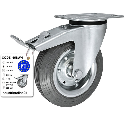 Metall-Gummiräder mit Befestigungsplatte und Bremse Lenkrolle Ø200 mm Code: 65SWH