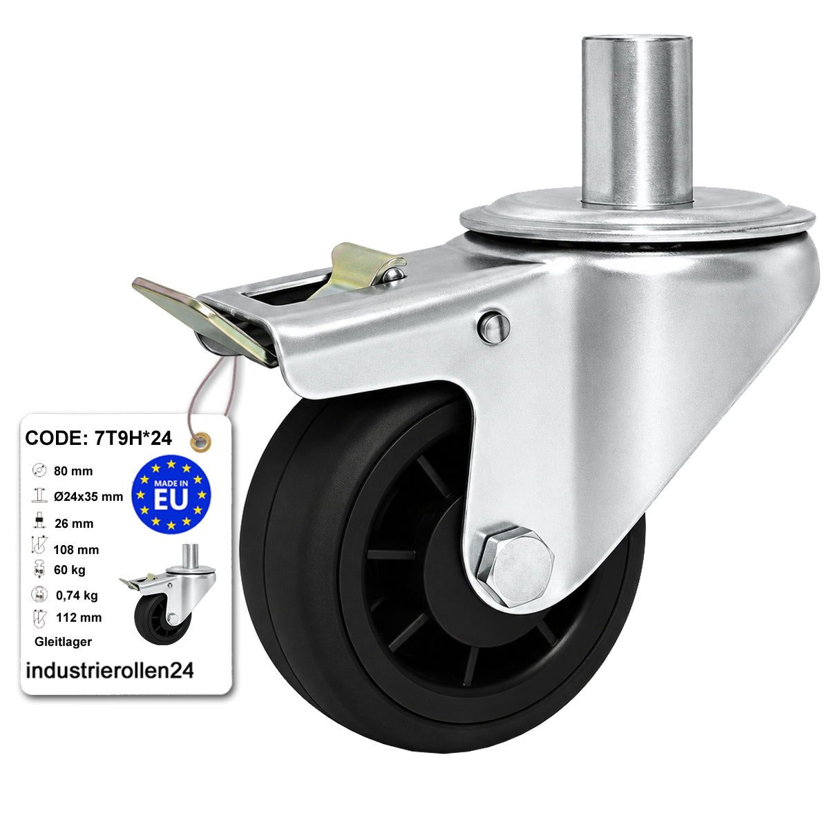 Kunststoff-Gummiräder mit Befestigungsstift und Bremse Lenkrollen  Ø80 mm Code: 7T9H*24