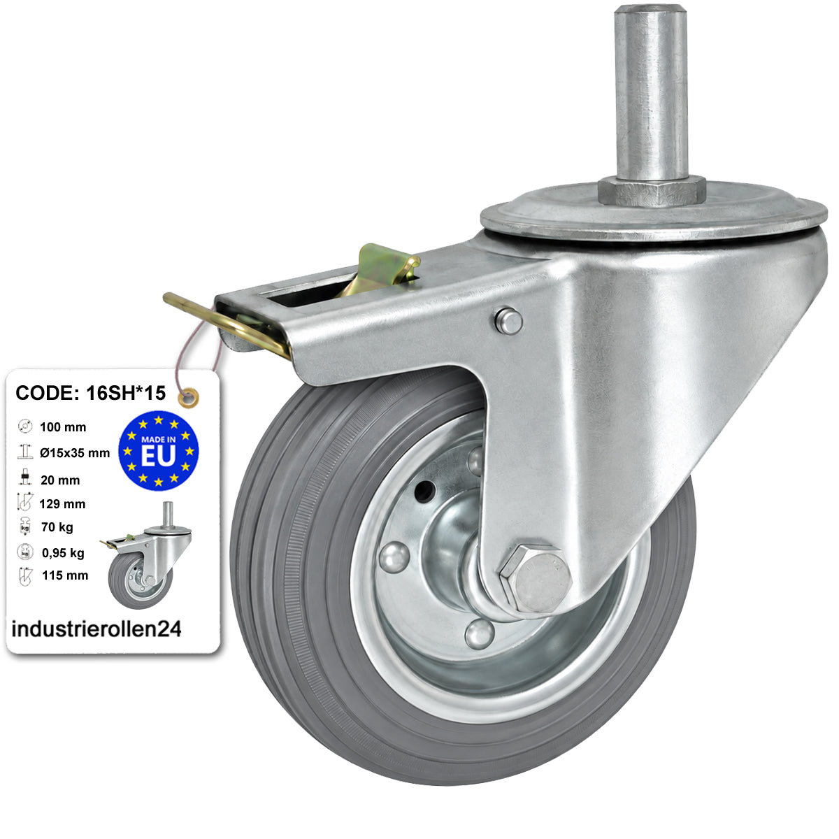 Metall-Gummiräder mit Befestigungsstift und Bremse Lenkrollen  Ø100 mm Code: 16SH*15
