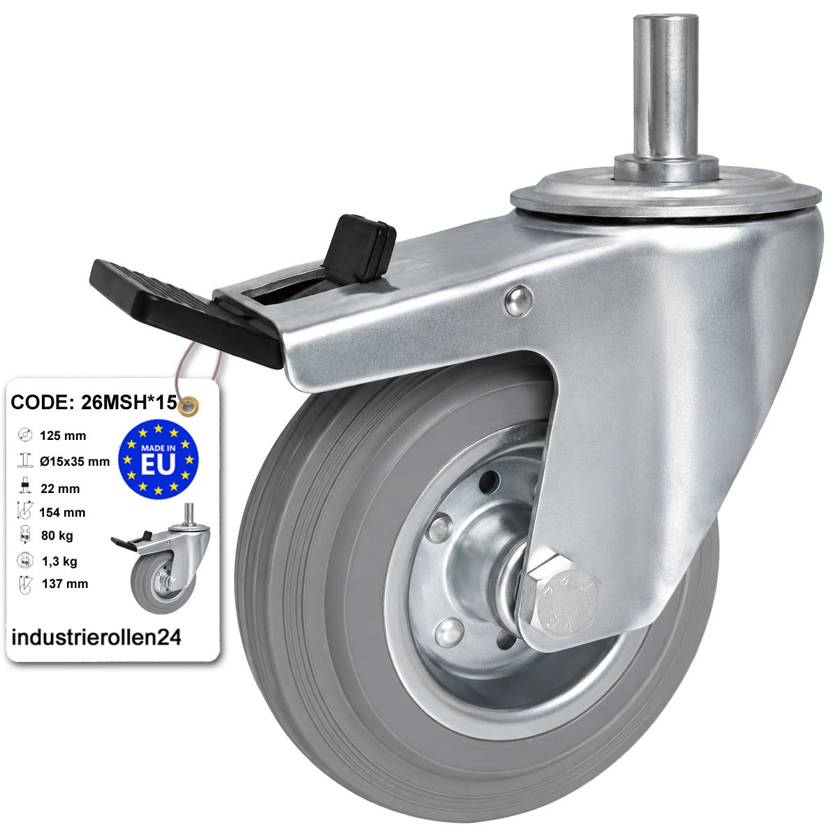 Metall-Gummiräder mit Befestigungsstift und Bremse Lenkrollen  Ø125 mm Code: 26MSH*15