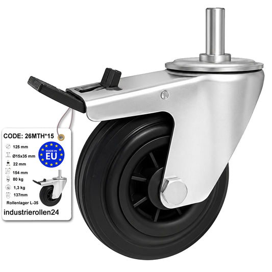 Kunststoff-Gummiräder mit Befestigungsstift und Bremse Lenkrollen  Ø125 mm Code: 26MTH*15