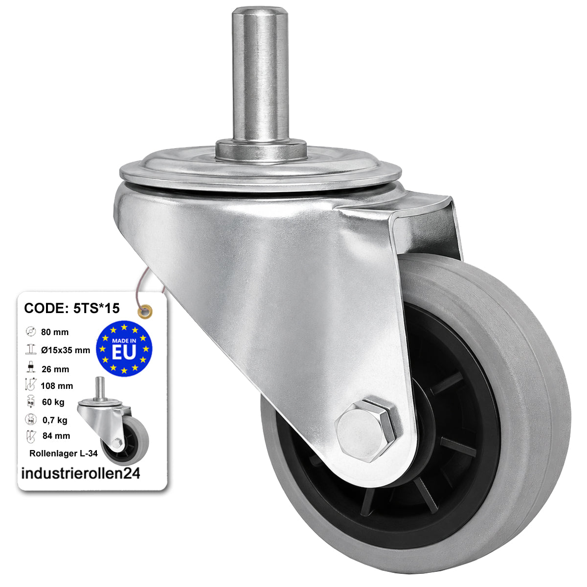 Kunststoff-Gummiräder mit Befestigungsstift Lenkrollen Ø80 mm Code: 5TS*15