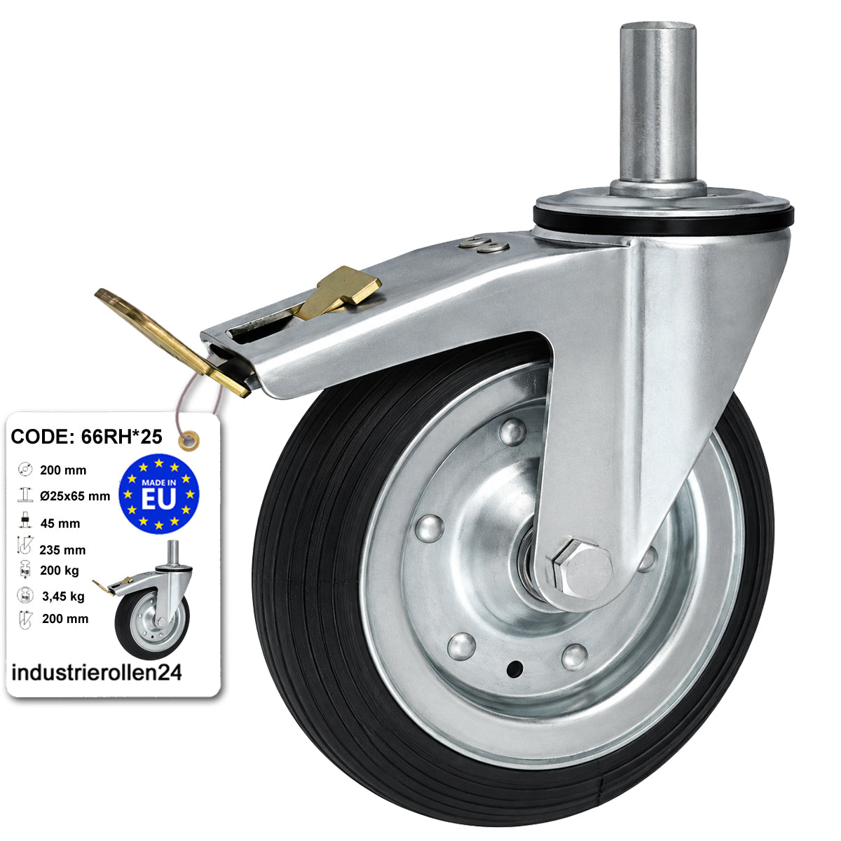 Metall-Gummiräder mit Befestigungsstift und Bremse Lenkrollen  Ø200 mm Code: 66RH*25