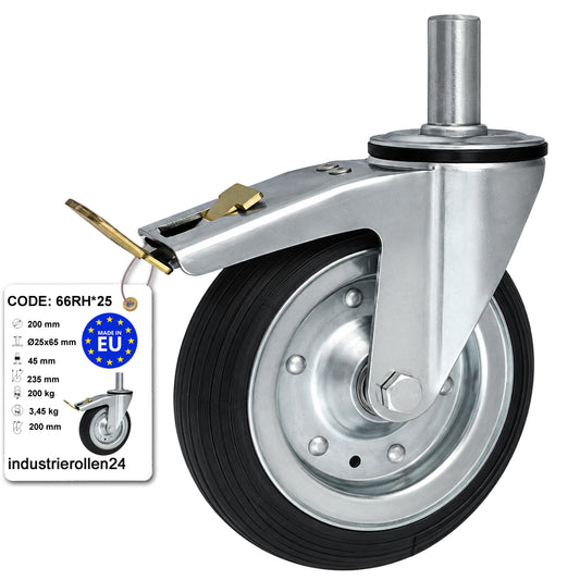 Metall-Gummiräder mit Befestigungsstift und Bremse Lenkrollen  Ø200 mm Code: 66RH*25