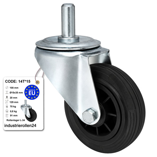 Kunststoff-Gummiräder mit Befestigungsstift Lenkrollen Ø100 mm Code: 14T*15