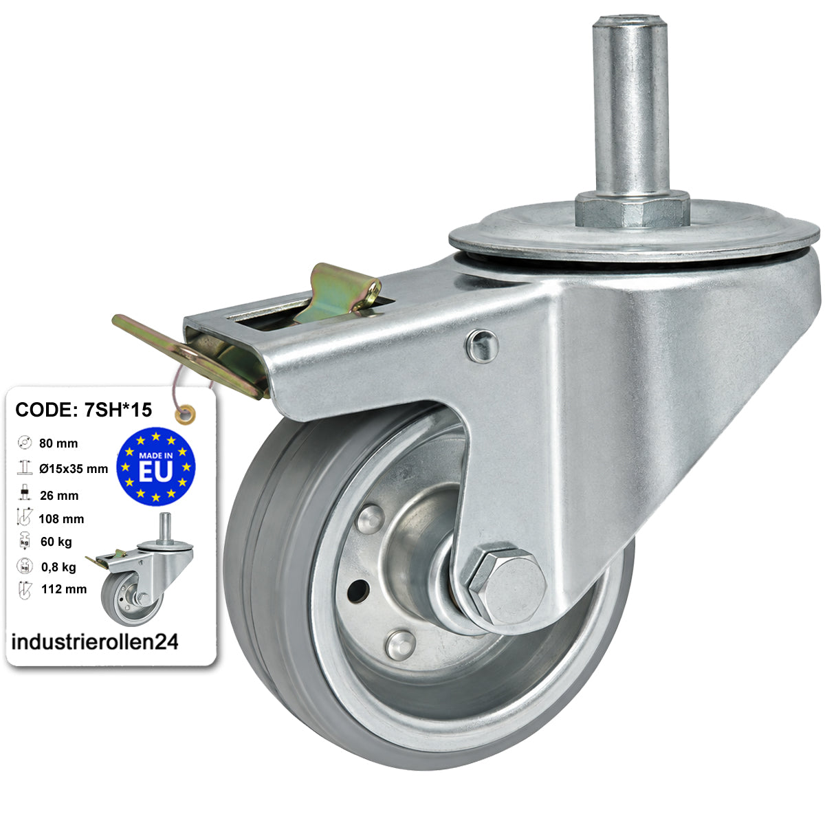 Metall-Gummiräder mit Befestigungsstift und Bremse Lenkrollen  Ø80 mm Code: 7SH*15