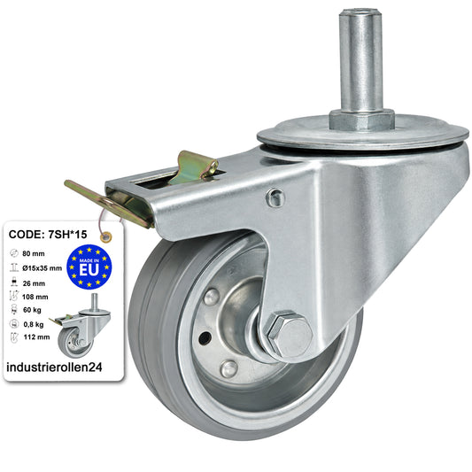 Metall-Gummiräder mit Befestigungsstift und Bremse Lenkrollen  Ø80 mm Code: 7SH*15