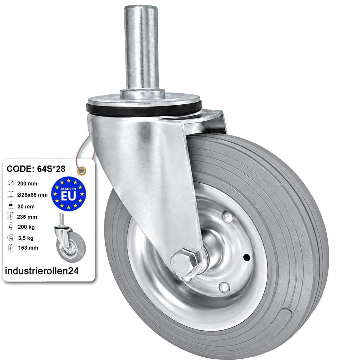 Metall-Gummiräder mit Befestigungsstift Lenkrollen  Ø200 mm Code: 64S*28