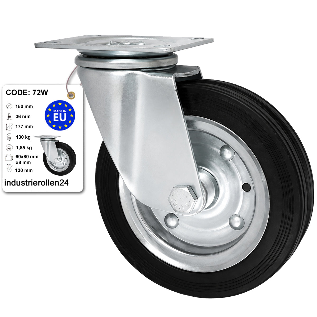 Metall-Gummiräder mit Befestigungsplatte Lenkrolle Ø150 mm mit Platte Code: 72W