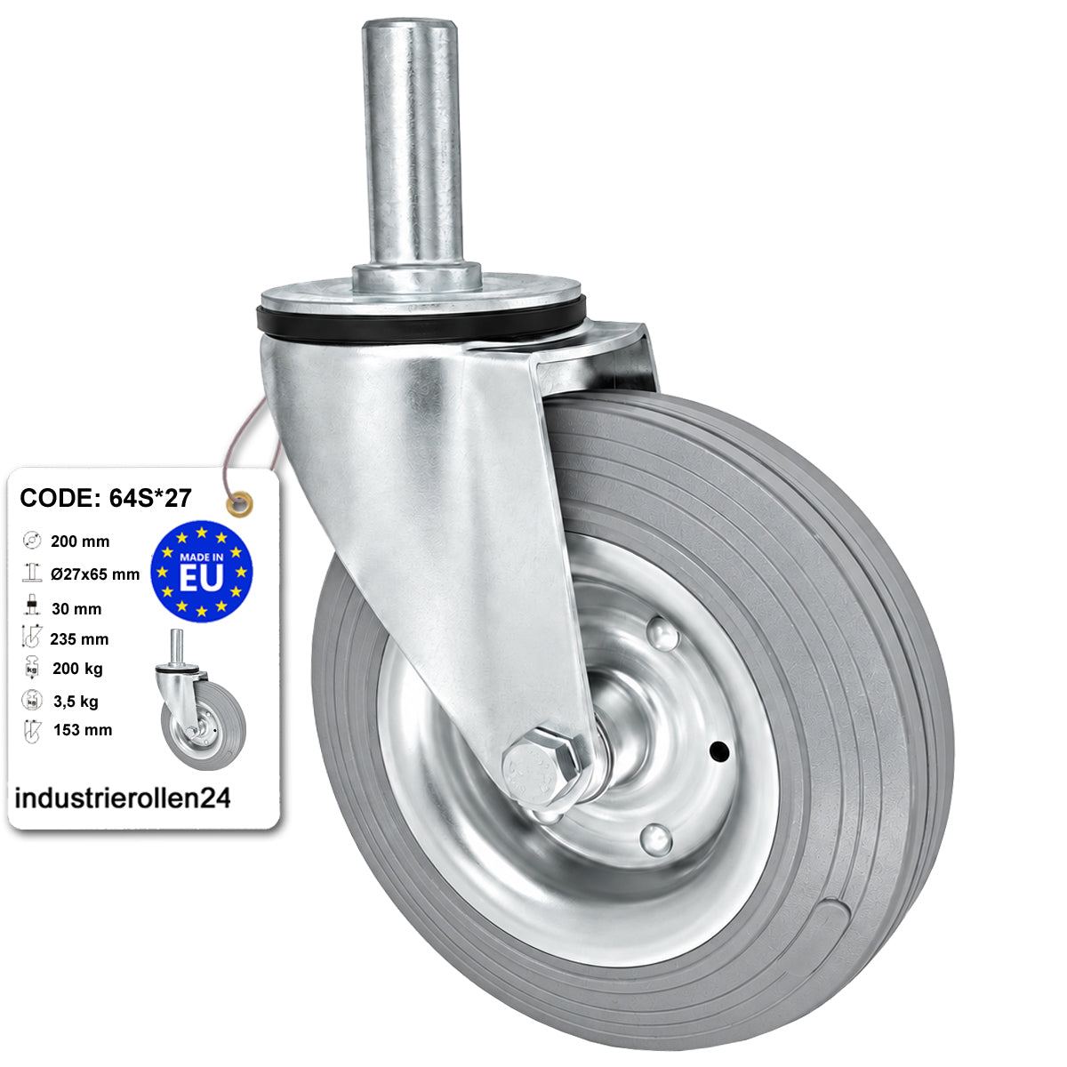 Metall-Gummiräder mit Befestigungsstift Lenkrollen  Ø200 mm Code: 64S*27