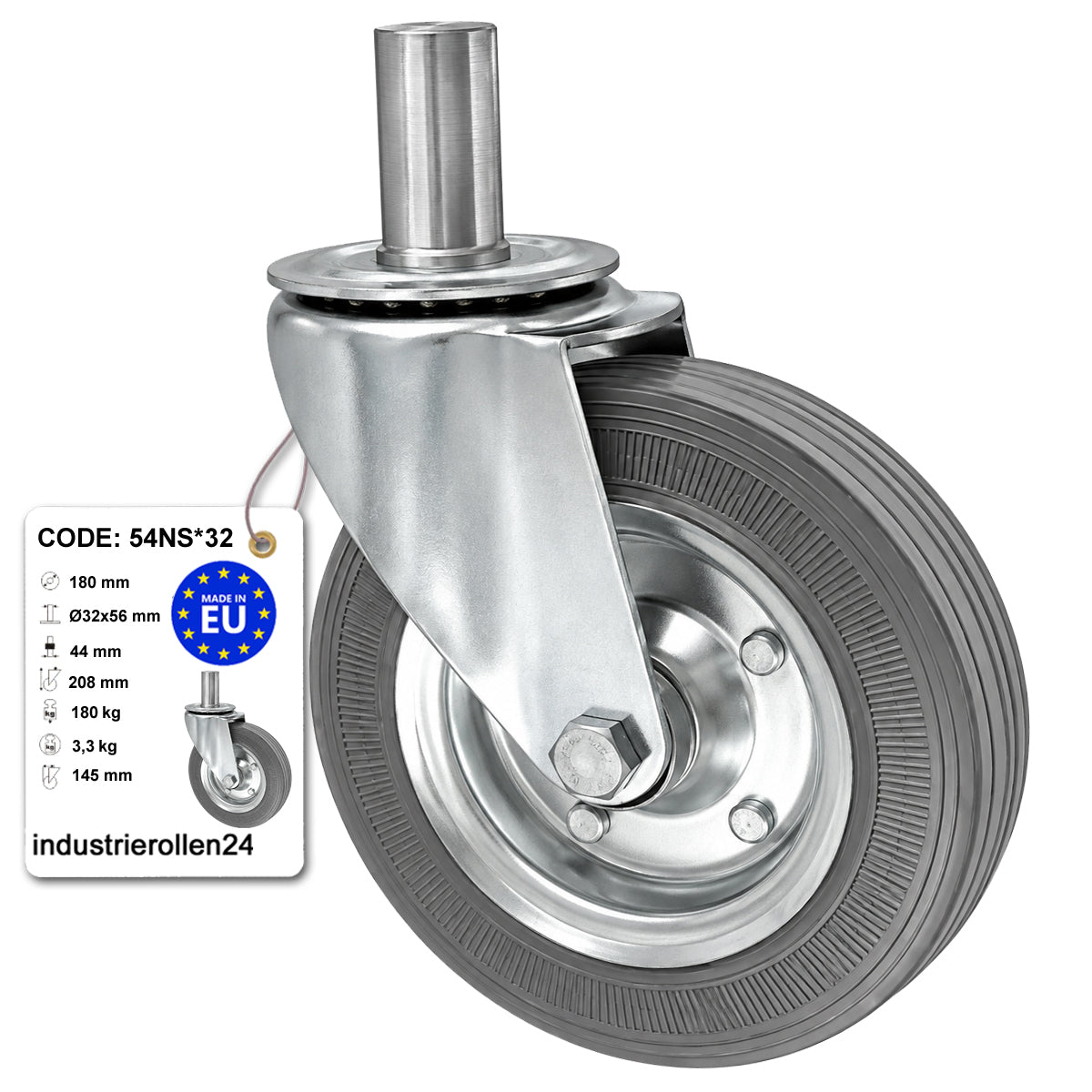Metall-Gummiräder mit Befestigungsstift Lenkrollen  Ø180 mm Code: 54NS*32