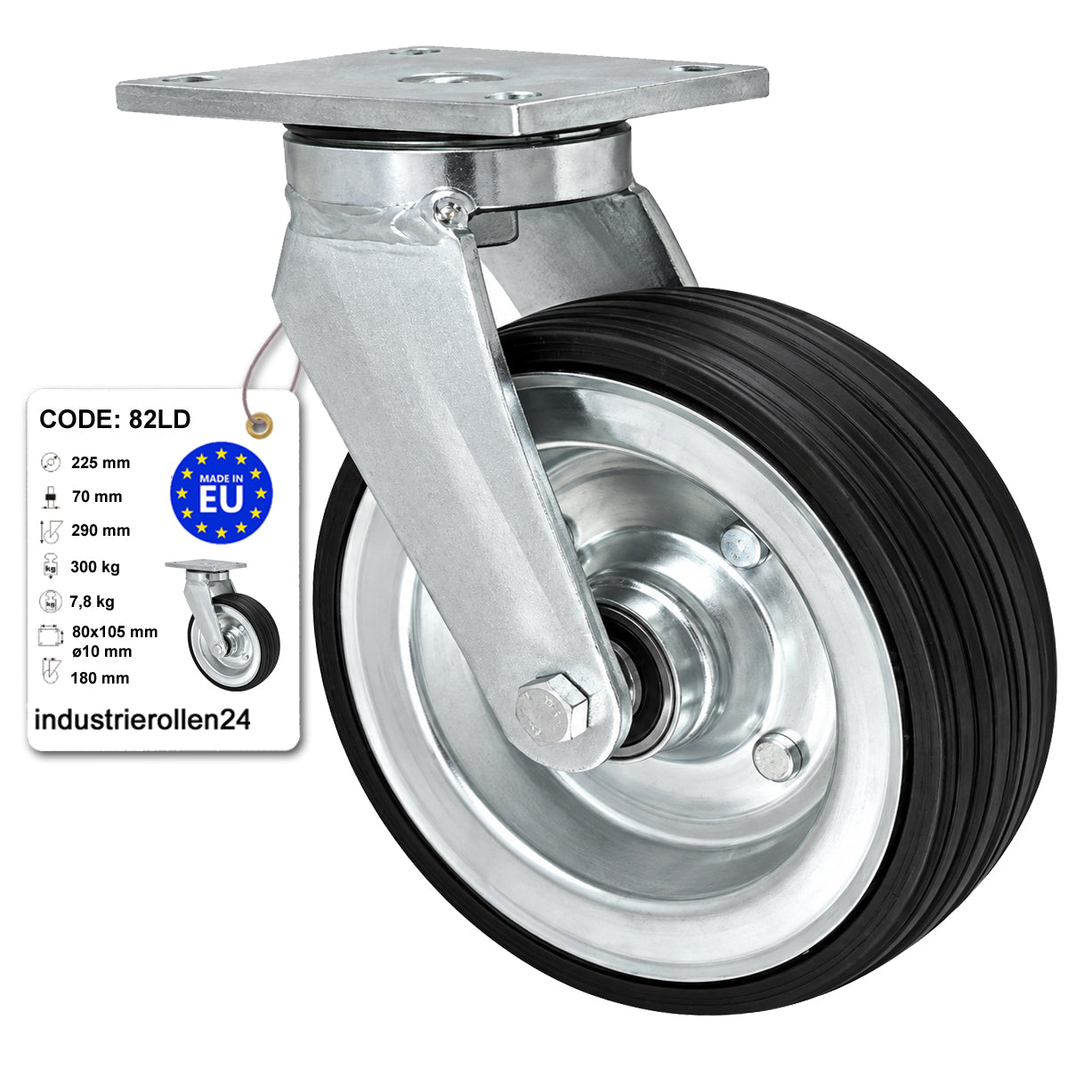 Metall-Gummiräder mit Befestigungsplatte Lenkrolle Ø225 mm mit Platte Code: 82LD
