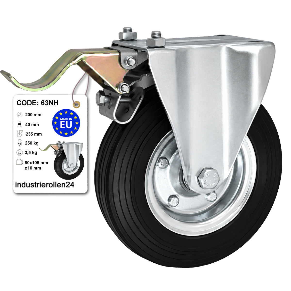 Metall-Gummiräder mit Platte Bockrolle Ø200 mm mit Platte und Bremse Code: 63NH
