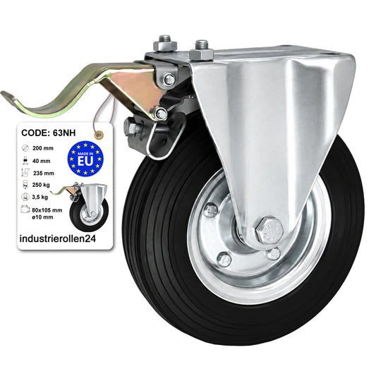 Metall-Gummiräder mit Platte Bockrolle Ø200 mm mit Platte und Bremse Code: 63NH