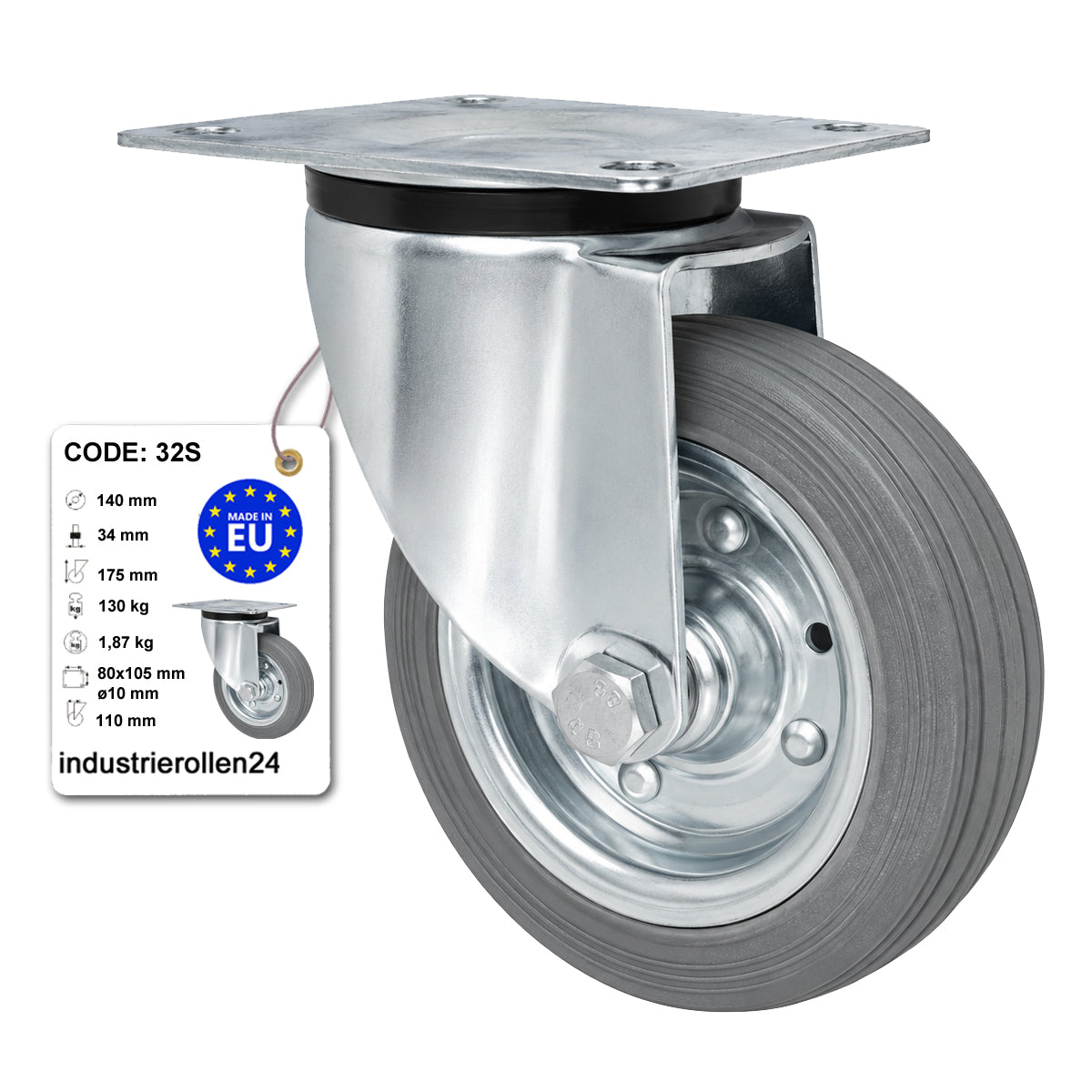 Metall-Gummiräder mit Befestigungsplatte Lenkrolle Ø140 mm mit Platte Code: 32S