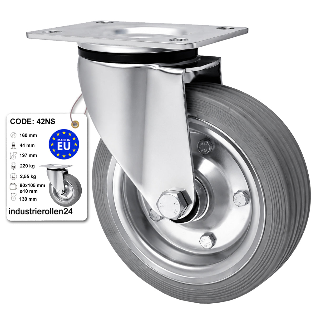 Metall-Gummiräder mit Befestigungsplatte Lenkrolle Ø160 mm mit Platte Code: 42NS