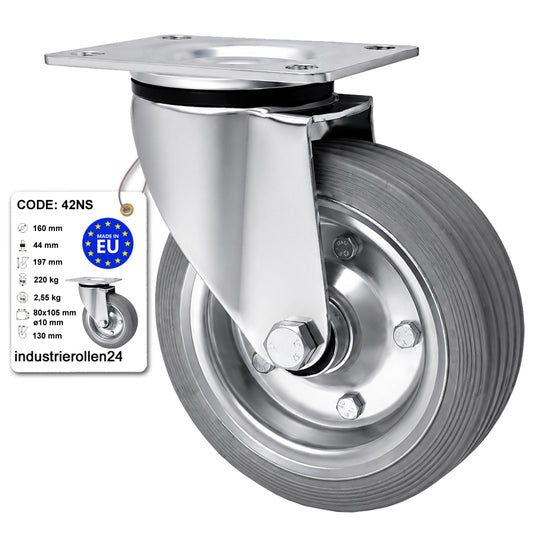Metall-Gummiräder mit Befestigungsplatte Lenkrolle Ø160 mm mit Platte Code: 42NS