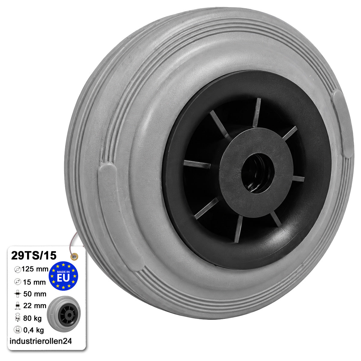 Vollgummi Rad Ø 125 mm mit Polypropylen-Felge Industrie Gummirad Code: 29TS/15