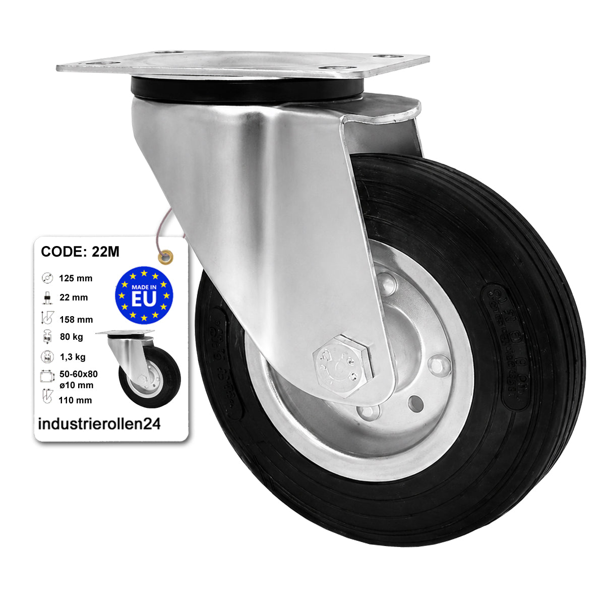 Metall-Gummiräder mit Befestigungsplatte Lenkrolle Ø125 mm mit Platte Code: 22M