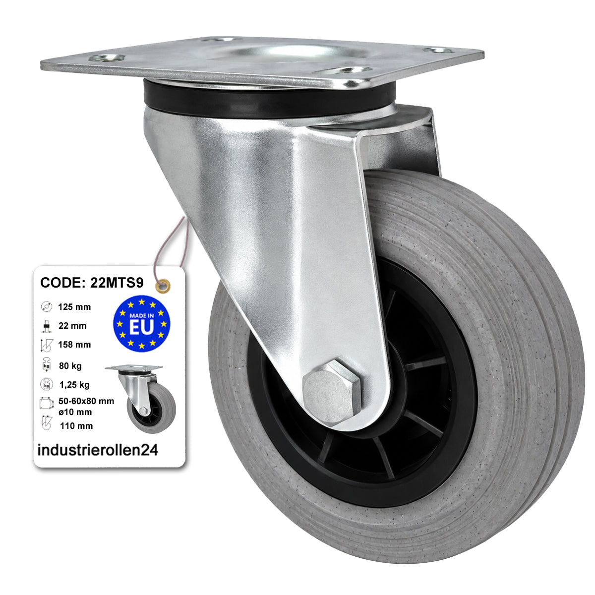 Kunststoff-Gummirrad mit Anschraubplatte Lenkrolle Ø125 mm mit Platte Code: 22MTS9
