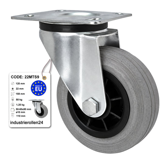 Kunststoff-Gummirrad mit Anschraubplatte Lenkrolle Ø125 mm mit Platte Code: 22MTS9