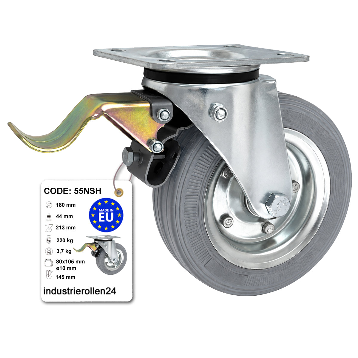 Metall-Gummiräder mit Befestigungsplatte und Bremse Lenkrolle Ø180 mm Code: 55NSH