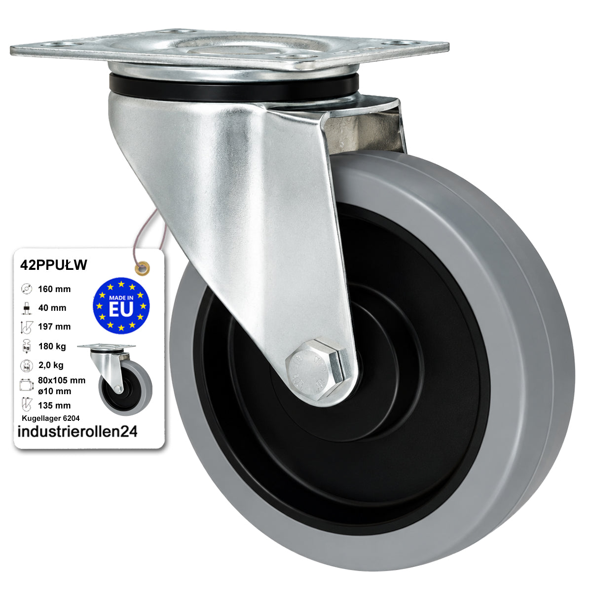 Polypropylen-Polyurethan-Rad  mit schwenkbarem Gehäuse für Transportwagen und Industrieanwendungen Ø160 mm Code: 42PPUŁW