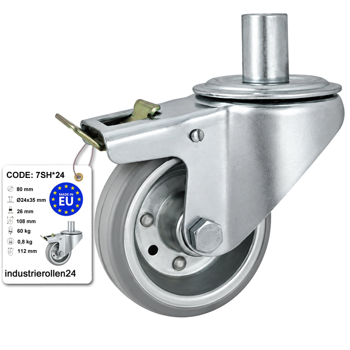 Metall-Gummiräder mit Befestigungsstift und Bremse Lenkrollen  Ø80 mm Code: 7SH*24