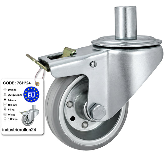 Metall-Gummiräder mit Befestigungsstift und Bremse Lenkrollen  Ø80 mm Code: 7SH*24