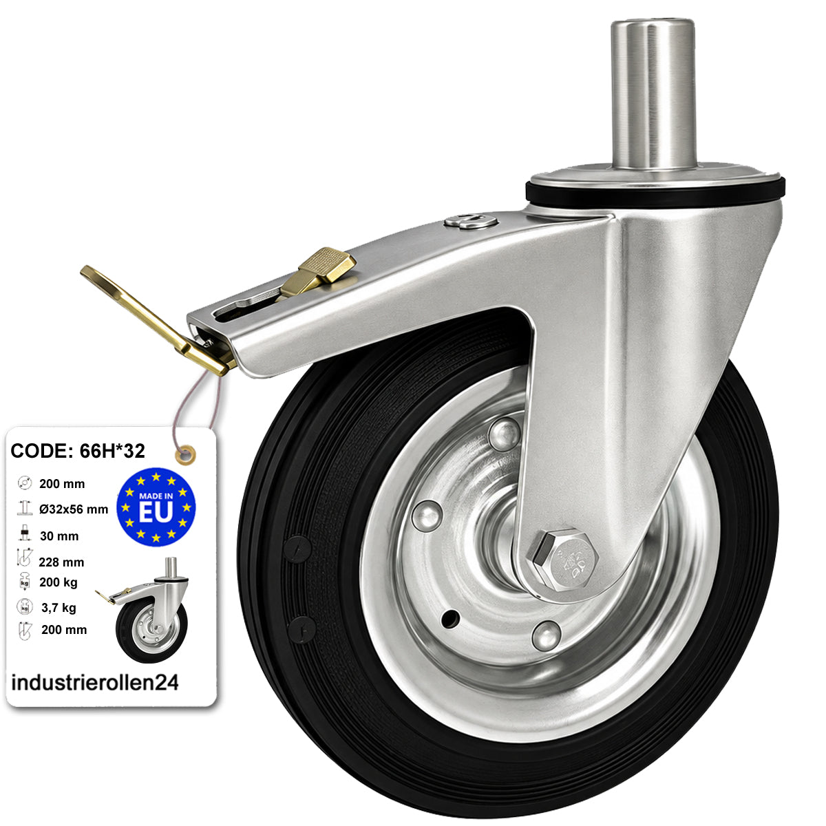 Metall-Gummiräder mit Befestigungsstift und Bremse Lenkrollen  Ø200 mm Code: 66H*32