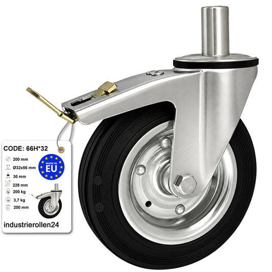 Metall-Gummiräder mit Befestigungsstift und Bremse Lenkrollen  Ø200 mm Code: 66H*32