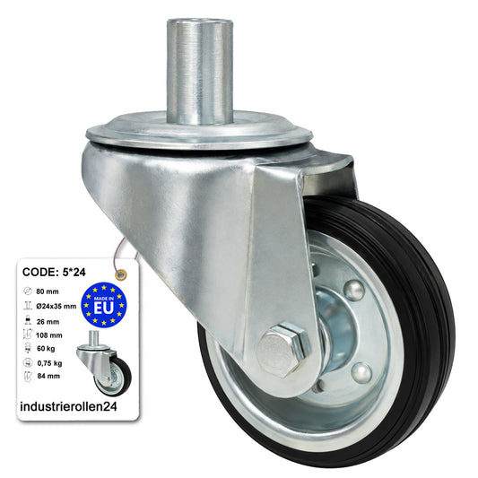 Metall-Gummiräder mit Befestigungsstift Lenkrollen Lenkrollen Ø80 mm Code: 5*24