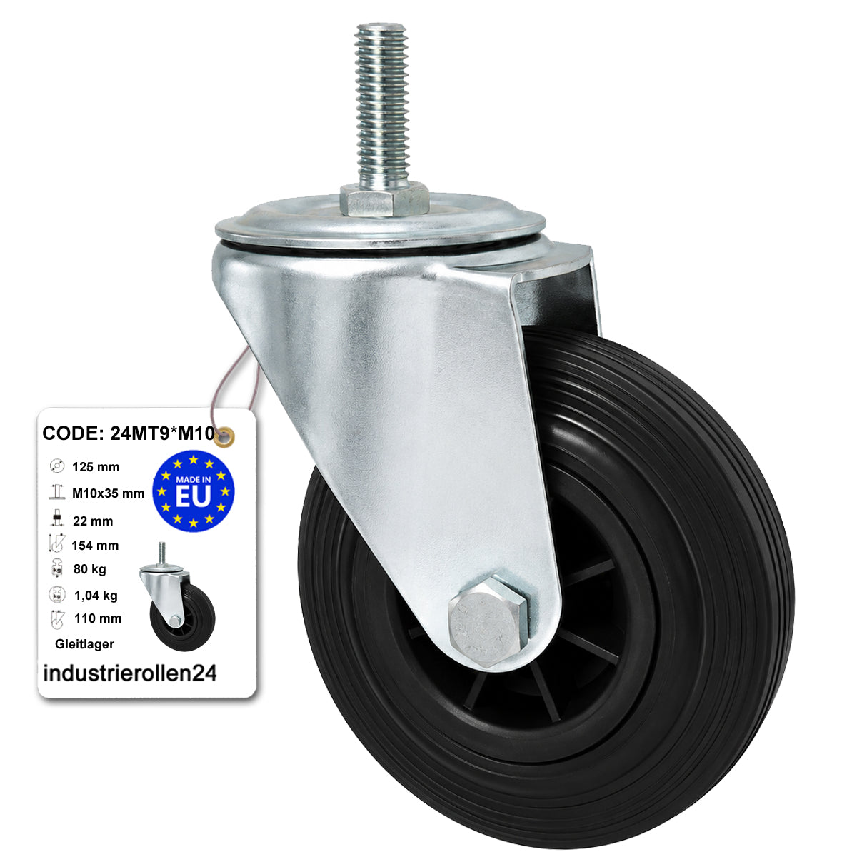 Kunststoff-Gummiräder mit Befestigungsstift Lenkrollen Ø125 mm Code: 24MT9*M10