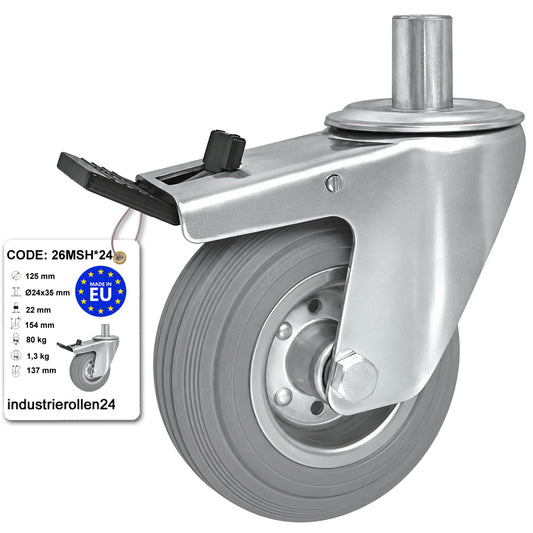 Metall-Gummiräder mit Befestigungsstift und Bremse Lenkrollen  Ø125 mm Code: 26MSH*24