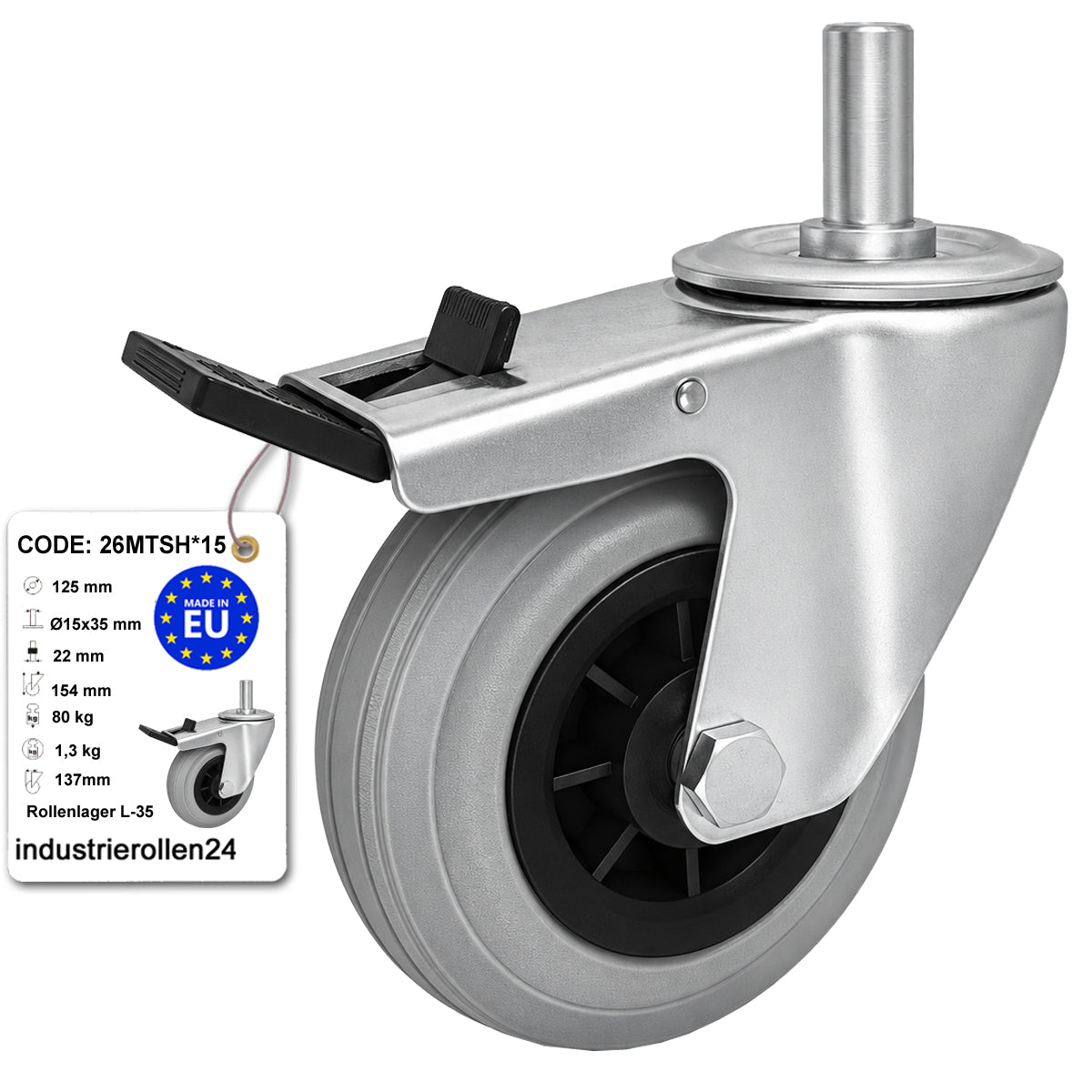 Kunststoff-Gummiräder mit Befestigungsstift und Bremse Lenkrollen  Ø125 mm Code: 26MTSH*15