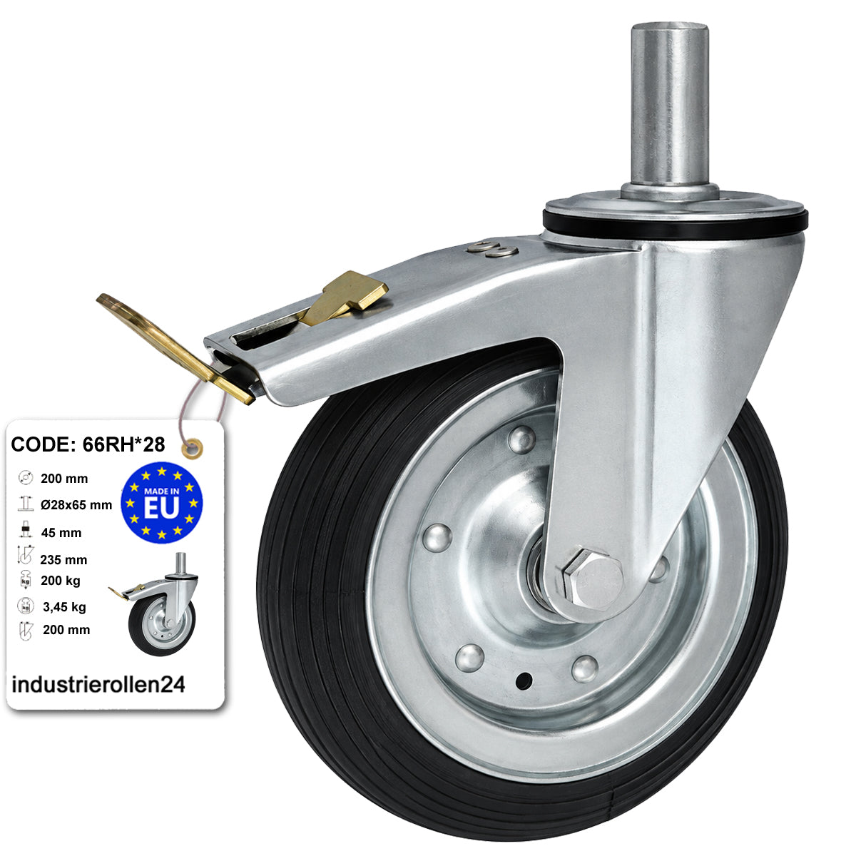 Metall-Gummiräder mit Befestigungsstift und Bremse Lenkrollen  Ø200 mm Code: 66RH*28