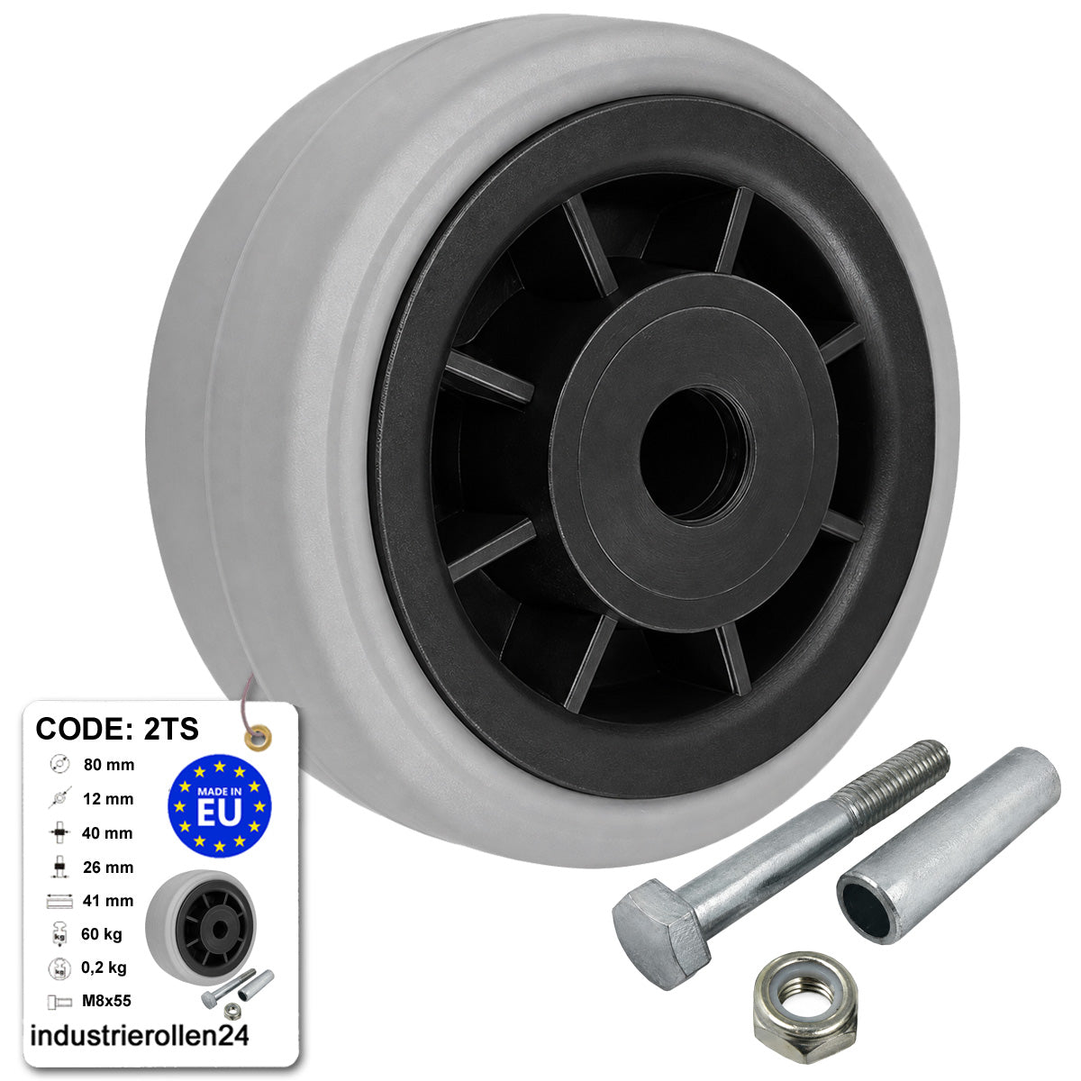 Kunststoff-Gummirrad Ø 80 mm Industrie Gummirad mit Montagesatz Code: 2TS
