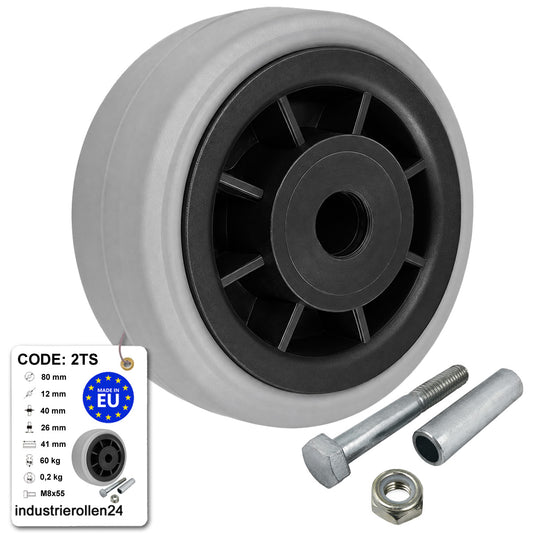 Kunststoff-Gummirrad Ø 80 mm Industrie Gummirad mit Montagesatz Code: 2TS